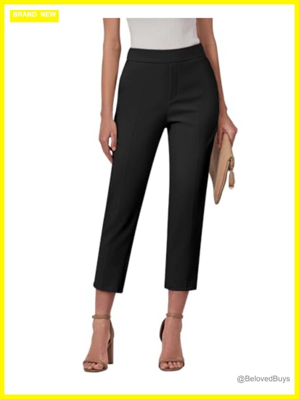 High Waisted Pull On Capri Pants Straight Leg Stretch Waist Trousers